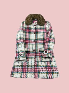 Mini Boden girls Plaid Pea Coat - Pink, Green, Cream wool blend sz 11-12